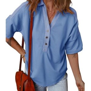 Dokotoo Women‘s Casual Short Sleeve 1/4 Button Solid Collar Neck Pullover Top